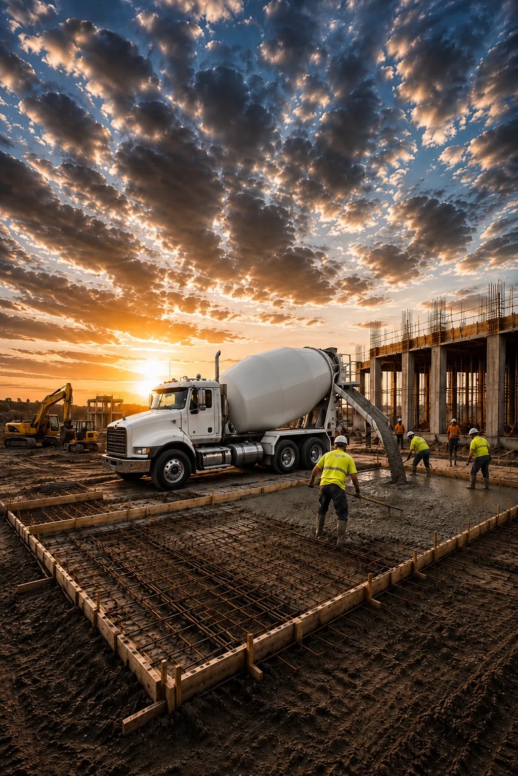 Concrete truck pouring concrete on an active construction site