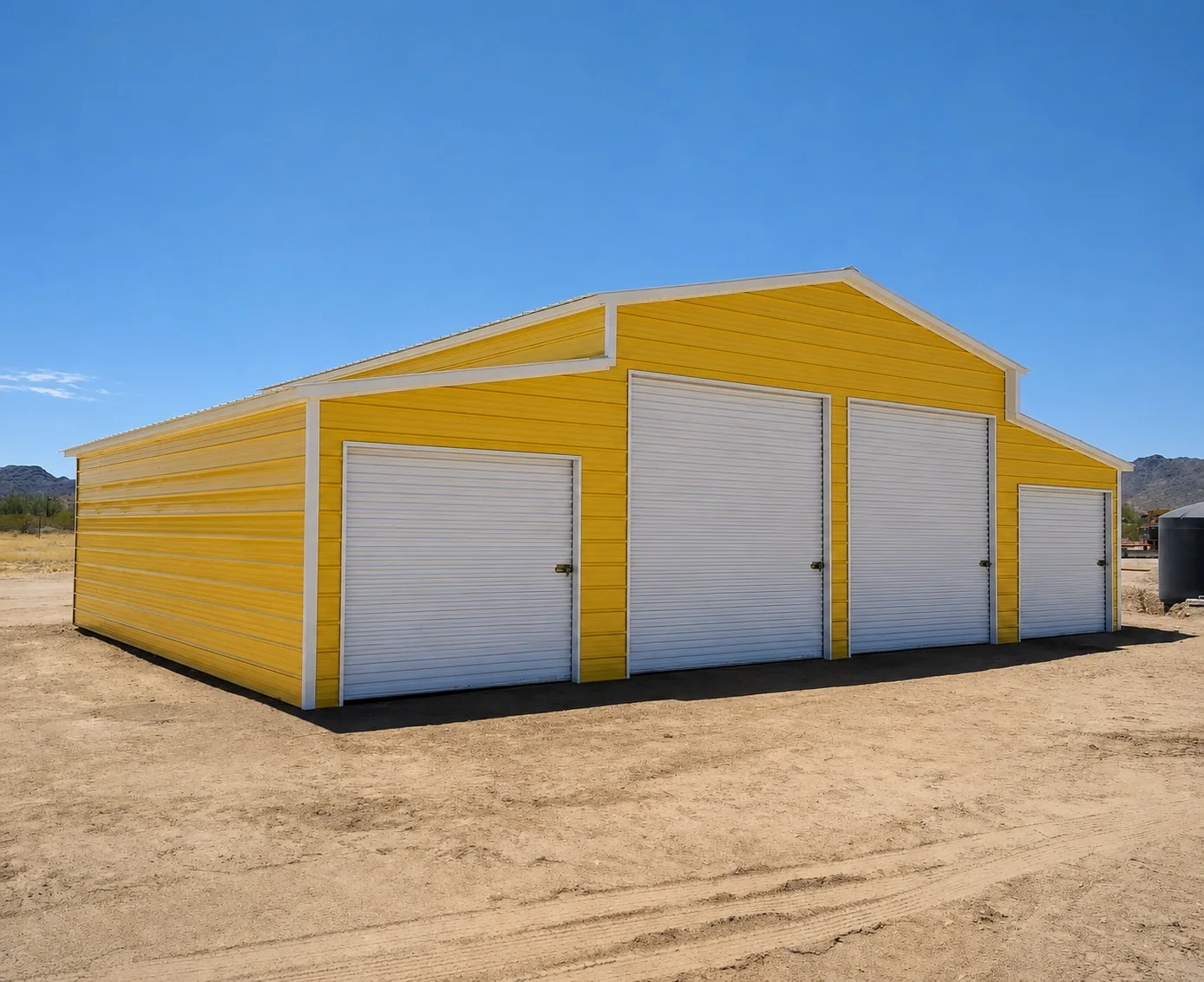 Yellow steel building with multiple garage bays